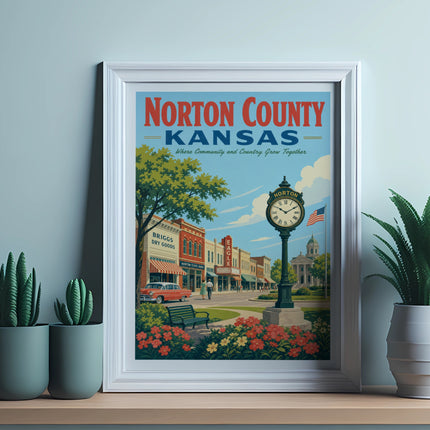 Framed poster of Norton County, Kansas main street with text.