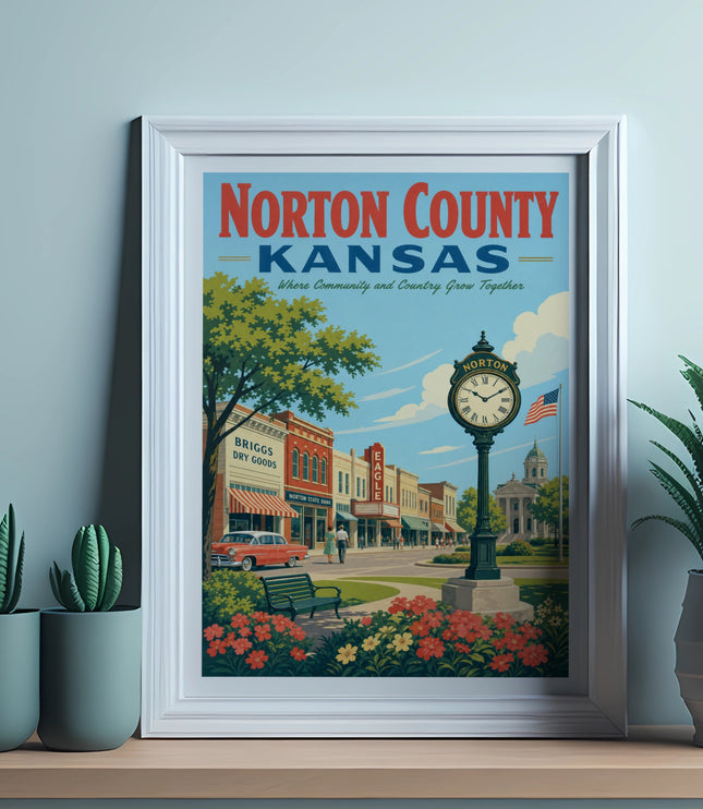 Framed poster of Norton County, Kansas main street with text.