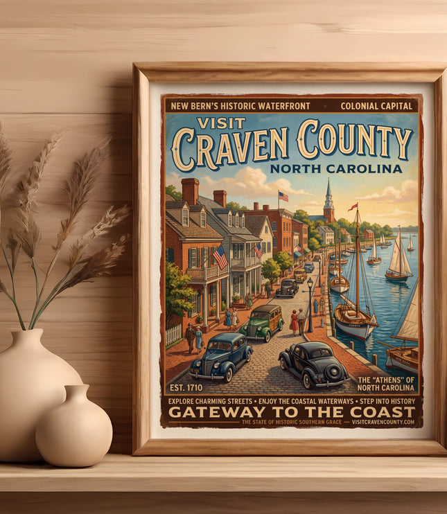 Vintage poster for Craven County, North Carolina featuring waterfront, historic buildings, cars, and sailboats.