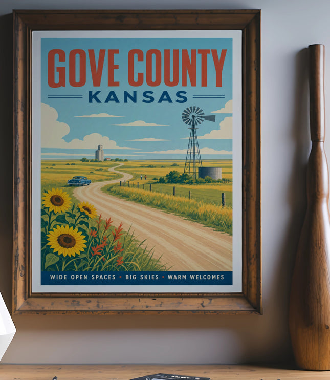 Gove County, Kansas vintage travel poster with sunflowers and windmill.