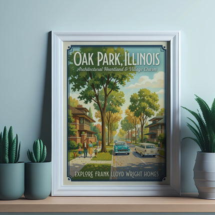 Oak Park, Illinois poster showing vintage cars and homes with text "Explore Frank Lloyd Wright Homes".