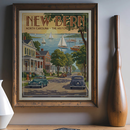 New Bern North Carolina historic river city travel poster with sailboats.