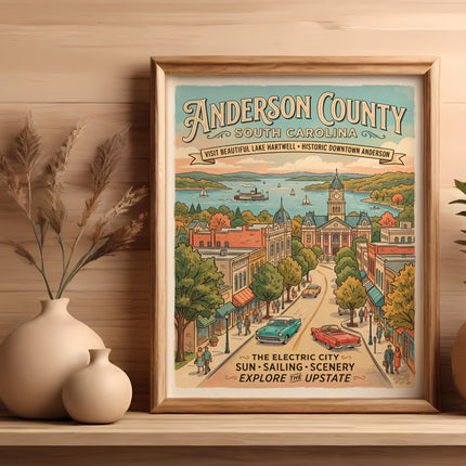 Framed vintage poster of Anderson County, South Carolina, depicting a lake and downtown street scene.