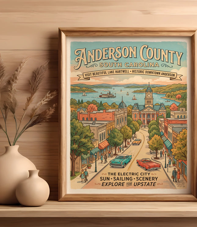 Framed vintage poster of Anderson County, South Carolina, depicting a lake and downtown street scene.