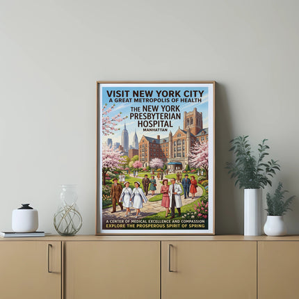 New York Presbyterian Hospital Manhattan vintage travel poster with people.
