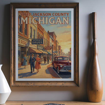 Vintage travel poster for Michigan shows a street scene with a red car and pedestrians.