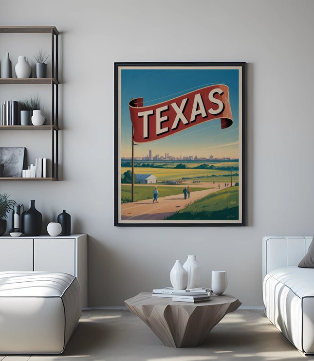 Framed retro poster featuring a red banner with "TEXAS" and a landscape with a distant city.