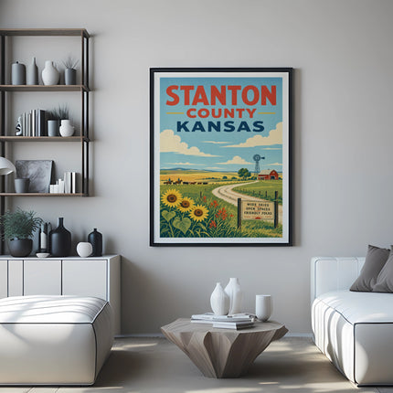 Stanton County Kansas vintage travel poster with sunflowers and farm scene.