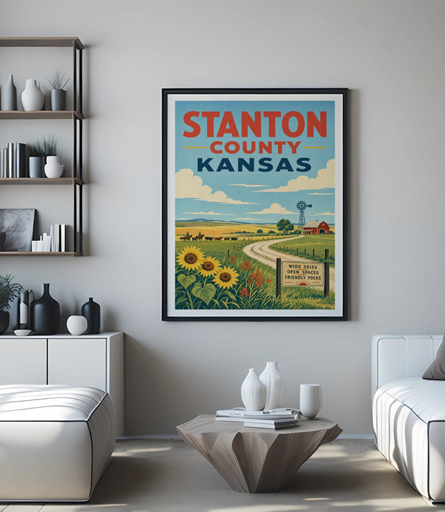 Stanton County Kansas vintage travel poster with sunflowers and farm scene.
