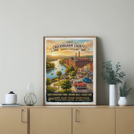 Visit Rockingham County, North Carolina poster with river, mills, cars, and text.