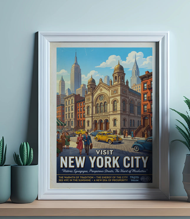 Vintage poster of New York City featuring the historic synagogue and Empire State Building.