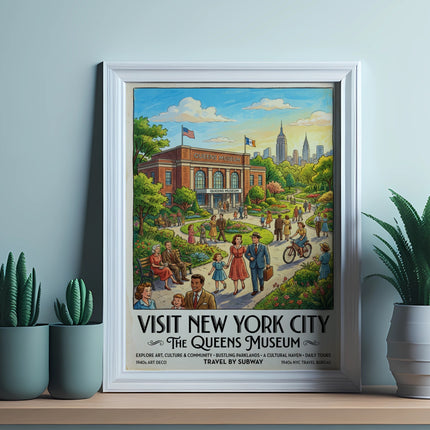 Queens Museum poster: Visit New York City, exploring art, culture, and parklands.