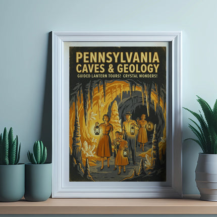 Pennsylvania Caves & Geology poster with family on lantern tour.