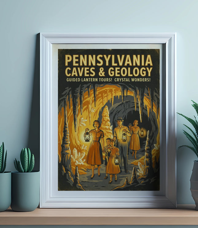 Pennsylvania Caves & Geology poster with family on lantern tour.