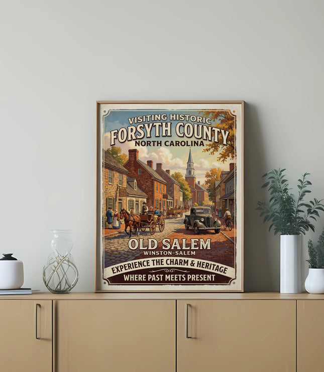 Forsyth County North Carolina vintage poster featuring Old Salem historic street scene.