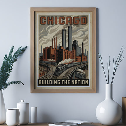 Vintage Chicago poster depicting factories and trains, "Building the Nation".
