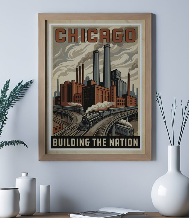 Vintage Chicago poster depicting factories and trains, "Building the Nation".