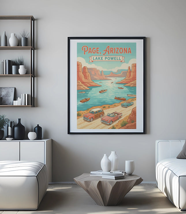 Framed poster of vintage cars and boats at Lake Powell, Page, Arizona.