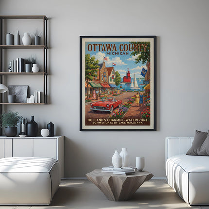 Poster of Ottawa County, Michigan, featuring a waterfront scene with a red car.