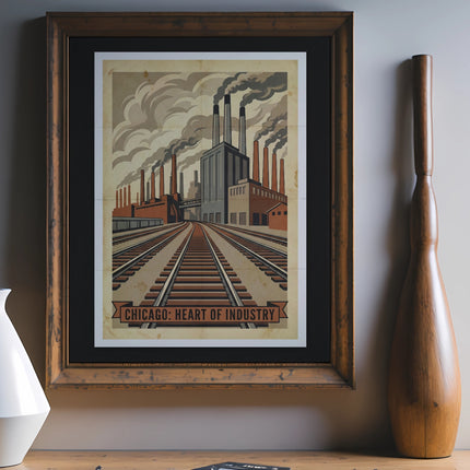 Vintage industrial poster featuring smokestacks and train tracks, titled "Chicago: Heart of Industry."