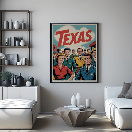 Retro Texas poster featuring smiling people in vintage clothing.