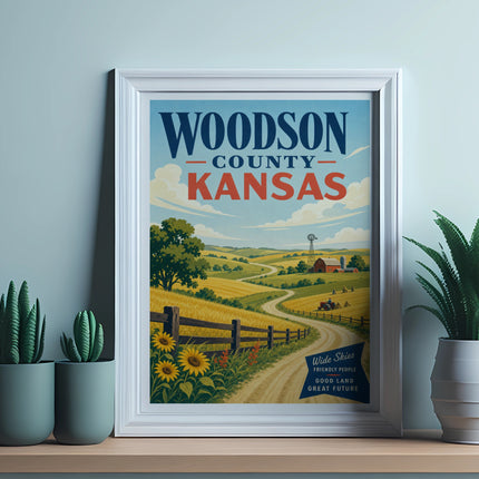 Woodson County Kansas vintage travel poster with farm and sunflowers.