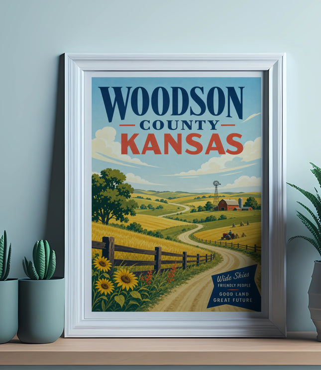 Woodson County Kansas vintage travel poster with farm and sunflowers.