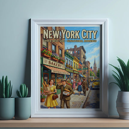 New York City Upper West Side illustration of people walking past shops.