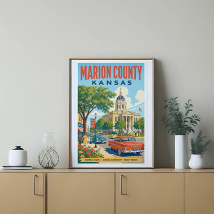 Vintage poster for Marion County, Kansas, featuring a classic car and courthouse.