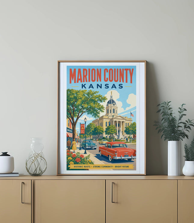 Vintage poster for Marion County, Kansas, featuring a classic car and courthouse.