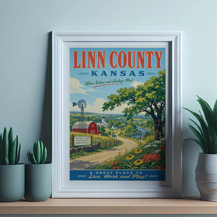 Linn County, Kansas travel poster with a red barn and scenic countryside.