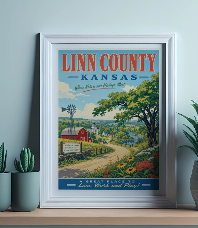 Linn County, Kansas travel poster with a red barn and scenic countryside.