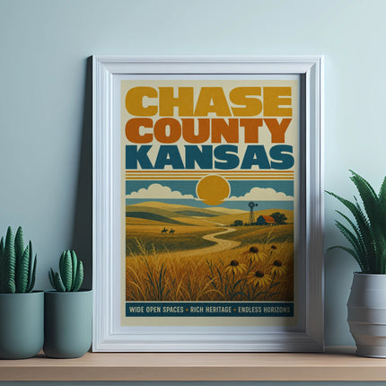 Vintage poster of Chase County Kansas landscape with text.