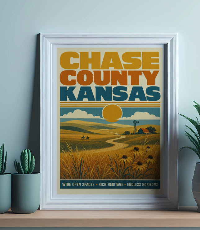 Vintage poster of Chase County Kansas landscape with text.