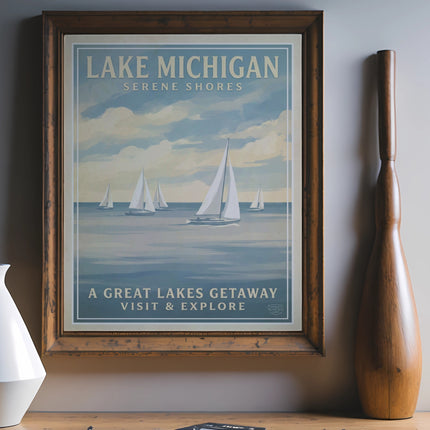 Lake Michigan Serene Shores travel poster with sailboats and text.
