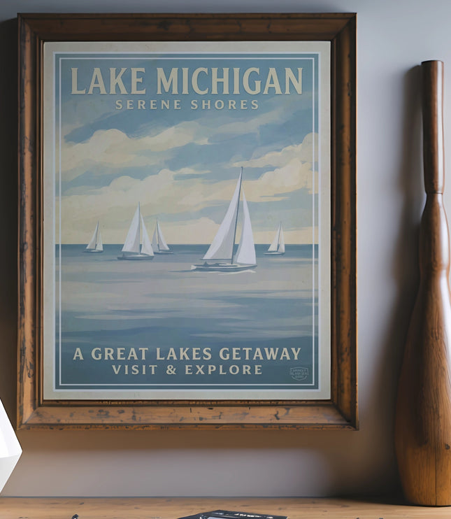 Lake Michigan Serene Shores travel poster with sailboats and text.
