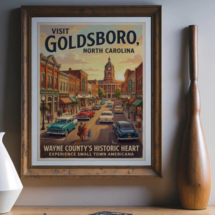 Vintage poster of Goldsboro, North Carolina with cars and buildings proclaiming "Wayne County's Historic Heart".