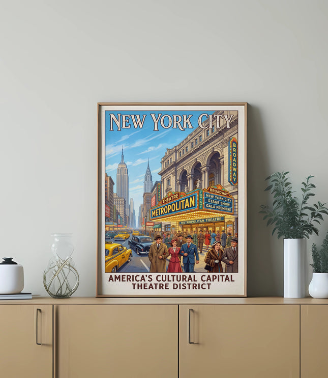 New York City theatre district poster with Metropolitan Theatre and Broadway signs.