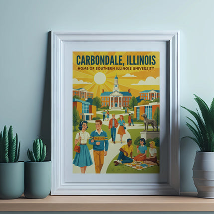 Carbondale, Illinois poster featuring university campus scene with people enjoying a picnic.