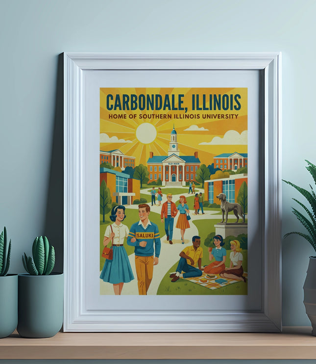 Carbondale, Illinois poster featuring university campus scene with people enjoying a picnic.