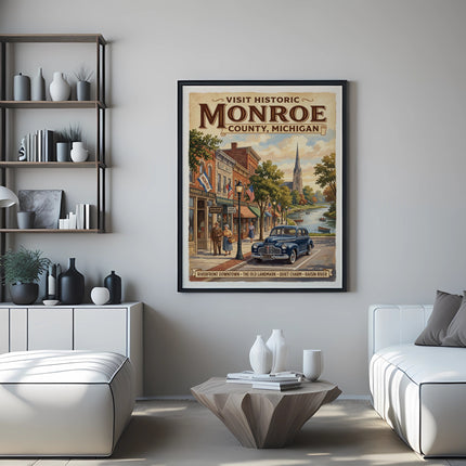 Vintage travel poster for historic Monroe County, Michigan with cityscape and cars.
