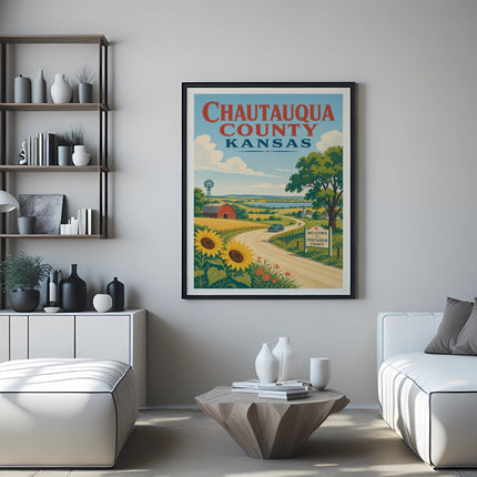 Chautauqua County Kansas poster with sunflowers, barn, and welcome sign.