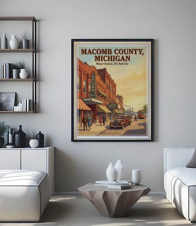 Framed vintage poster of Macomb County, Michigan with street scene.