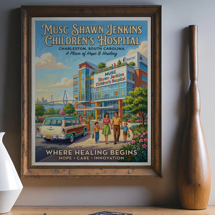 Poster for MUSC Shawn Jenkins Children's Hospital with family and building, "Where Healing Begins."