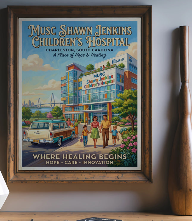 Poster for MUSC Shawn Jenkins Children's Hospital with family and building, "Where Healing Begins."