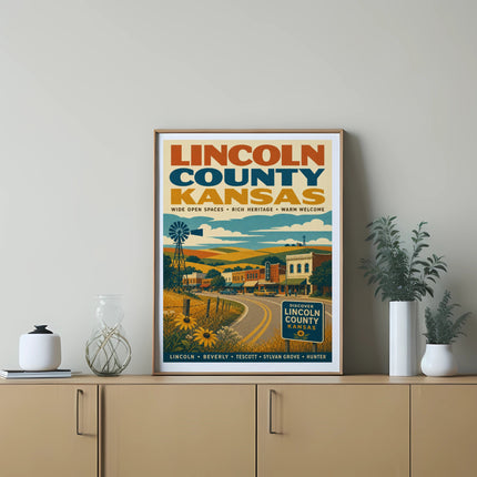 Lincoln County, Kansas, vintage travel poster with landscape and town scene.