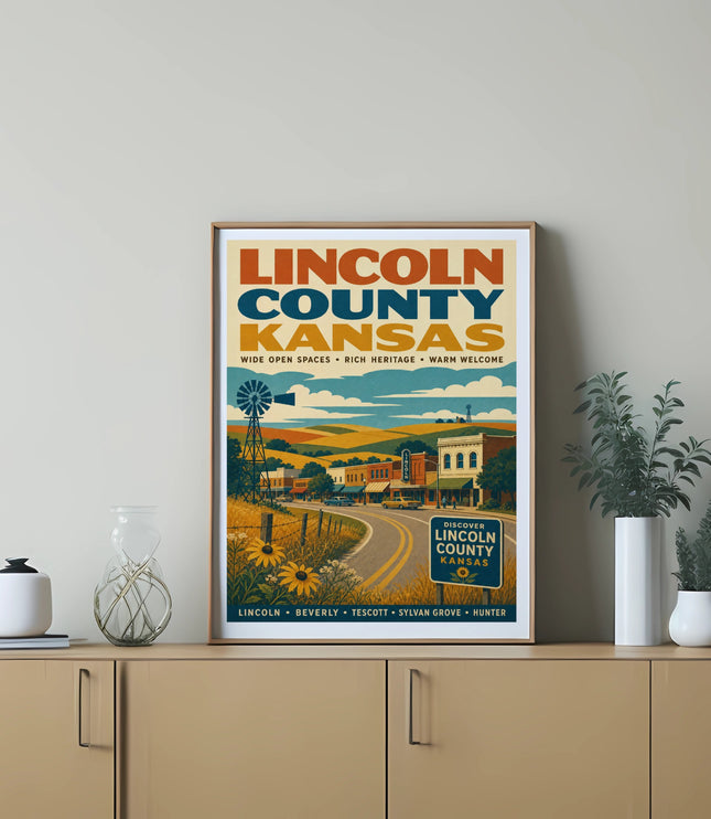 Lincoln County, Kansas, vintage travel poster with landscape and town scene.