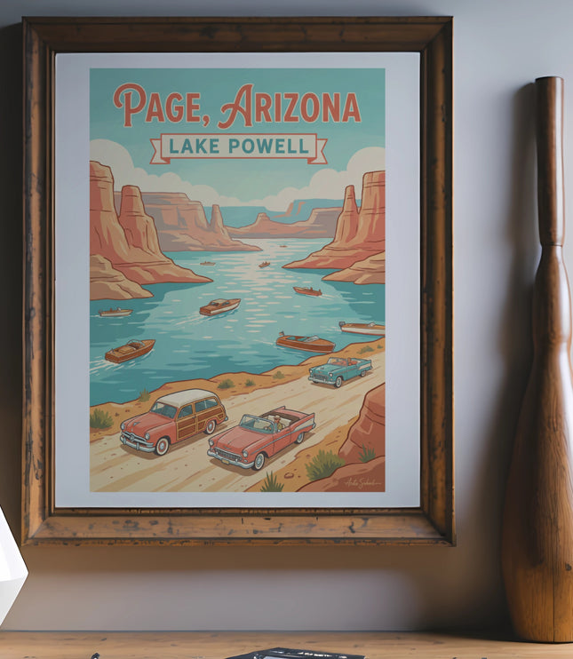 Retro poster of Page, Arizona with Lake Powell, boats and cars.