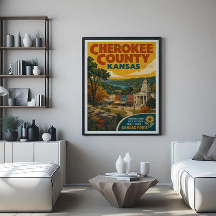 Cherokee County Kansas vintage travel poster with town scene and sunflower.