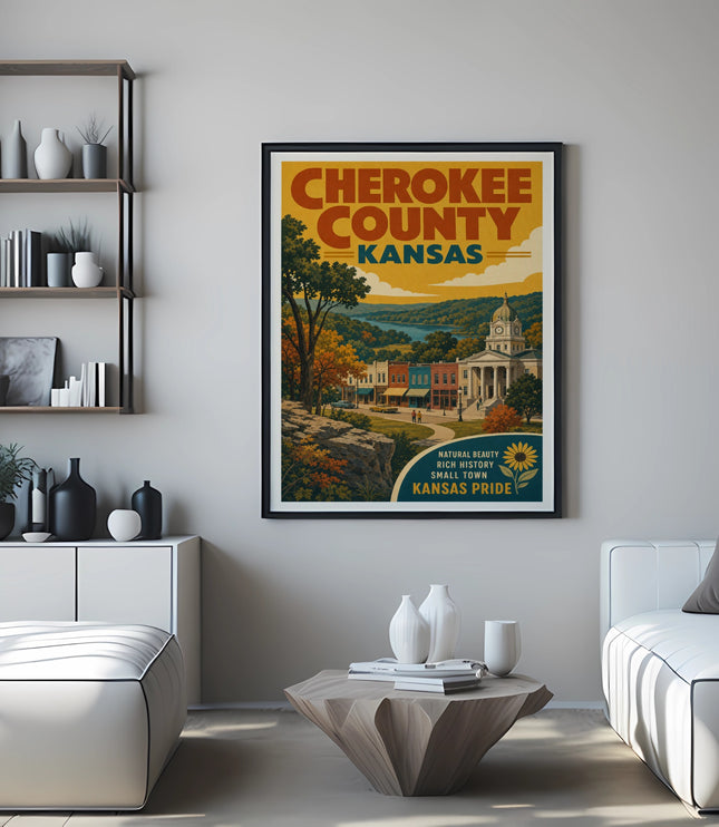 Cherokee County Kansas vintage travel poster with town scene and sunflower.